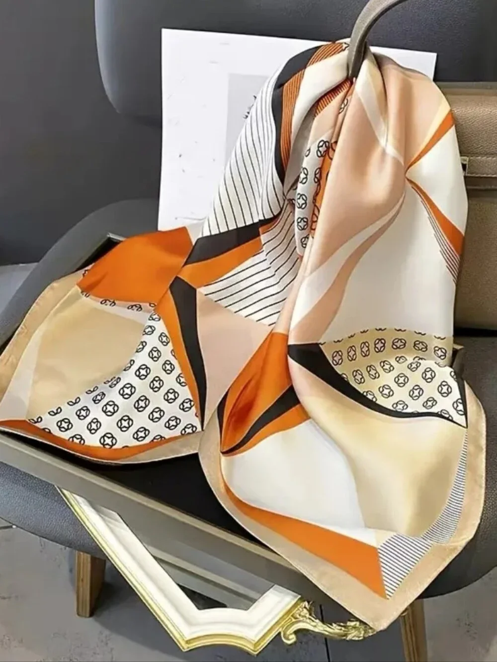Silk-feel  Scarf in Mustard, Navy & Cream Neck Scarf, Heaf Scarf